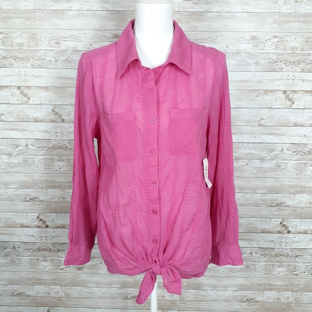 Style & Co Button Up Top PL Tie Front Pink 467